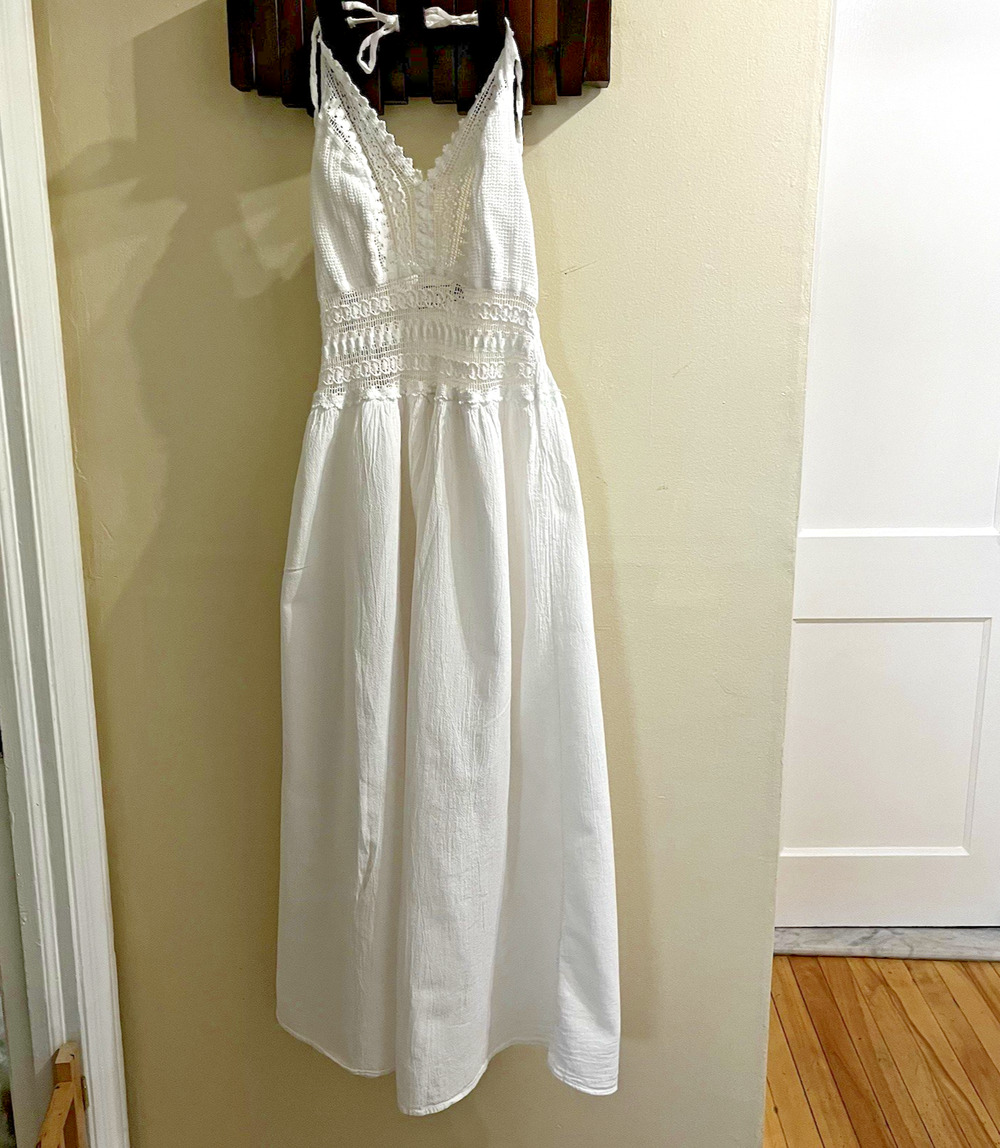 Sea Spice Resort Cotton Cover Dble Slit White Crochet Smocked Halter Dress Sz M
